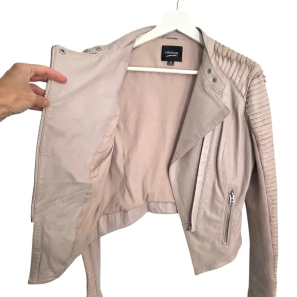 Lamarque Pink Leather Jacket Asymmetrical Zipper Fitted Sz XS - Picture 10 of 13